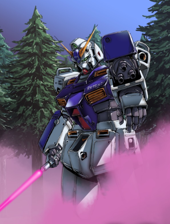 arm_cannon beam_saber commentary_request duel earth_federation energy_sword forest gatling_gun glint gundam gundam_0080 gundam_alex kiha-1835200 mecha nature no_humans pine_tree pink_smoke robot science_fiction smoke spoilers sword tree upper_body v-fin weapon