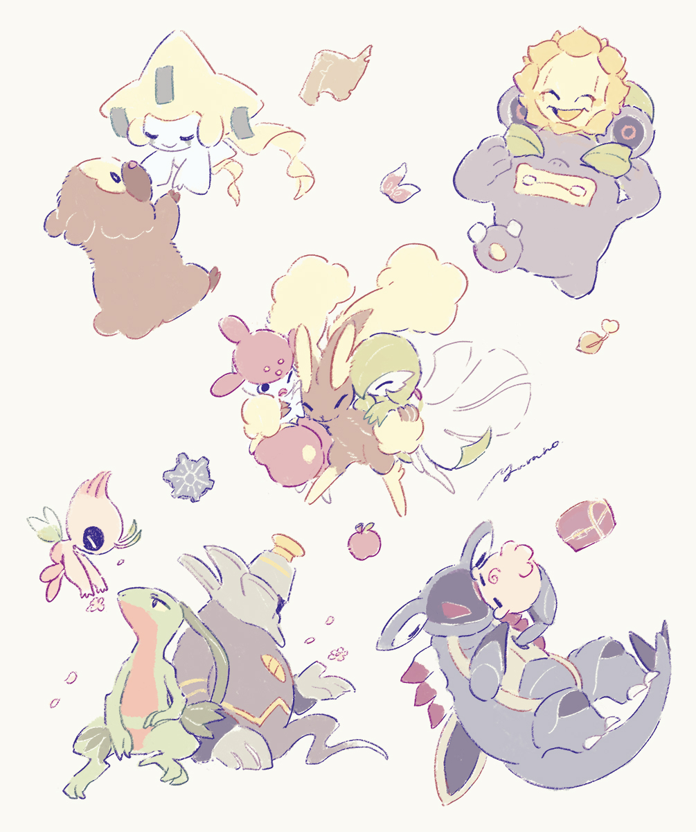 1other 5girls 6+boys alternate_color apple armaldo bidoof celebi closed_eyes covering_another's_eyes dusknoir fairy_wings flower food fruit gardevoir gears grovyle half-closed_eyes highres hug igglybuff jirachi lopunny loudred medicham multiple_boys multiple_girls one_eye_closed petals pokemon pokemon_mystery_dungeon pokemon_mystery_dungeon:_explorers_of_time/darkness/sky red_scarf riding scarf seed shiny_pokemon sitting smile sunflora treasure_chest white_background wings yurano_(upao)