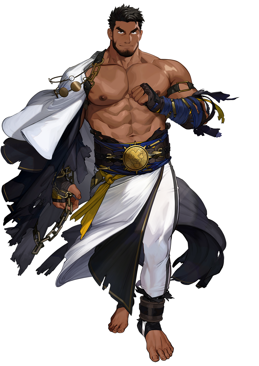 1boy abs another_eidos-r armband bara bare_pectorals beard belt belt_buckle black_hair buckle bulge chain dark-skinned_male dark_skin facial_hair full_body highres large_pectorals light_smile looking_at_viewer male_focus muscular muscular_male mustache_stubble nipples no_shoes official_art pants pectorals short_hair sinbad_(another_eidos) single_bare_shoulder solo stubble tarutoru thick_eyebrows transparent_background white_pants