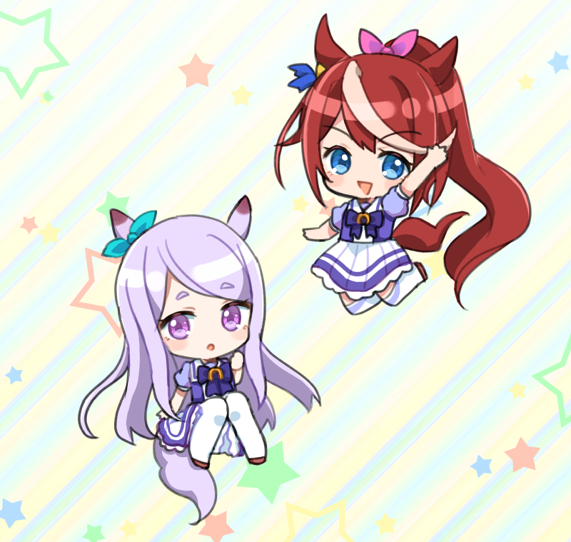 2girls :&gt; :o animal_ears blue_bow blue_eyes blue_shirt blush bow brown_footwear brown_hair chibi commentary_request hair_ribbon hand_up horse_ears horse_girl horse_tail knees_together_feet_apart knees_up long_hair mejiro_mcqueen_(umamusume) multicolored_hair multiple_girls open_mouth parted_lips pink_ribbon pleated_skirt ponytail puffy_short_sleeves puffy_sleeves purple_eyes purple_hair ribbon school_uniform shirt shoes short_sleeves skirt starry_background streaked_hair tail thighhighs tokai_teio_(umamusume) tracen_school_uniform triangle_mouth umamusume v-shaped_eyebrows very_long_hair white_skirt ye_yin_(canoti_u)