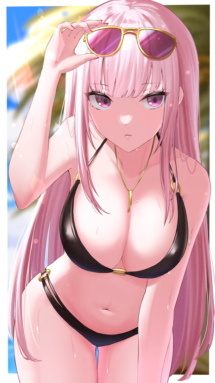 1girl arm_under_breasts bangs bare_arms bare_shoulders bikini black_bikini blurry blurry_background breasts cleavage closed_mouth collarbone contrapposto cowboy_shot curvy eyewear_on_head halter_top halterneck hand_on_eyewear highres hololive hololive_english large_breasts leaning_forward long_hair mori_calliope multi-strapped_bikini navel nichijo o-ring o-ring_bikini pink_eyes pink_hair sidelocks straight_hair sunglasses sunlight sweatdrop swimsuit thigh_gap thighs tinted_eyewear very_long_hair virtual_youtuber wet wide_hips