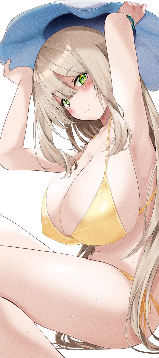 1girl bangs bare_shoulders bikini blue_archive blush breasts cleavage collarbone green_eyes hat highres large_breasts light_brown_hair long_hair looking_at_viewer navel nonomi_(blue_archive) nonomi_(swimsuit)_(blue_archive) shirosuzu smile solo sun_hat swimsuit thighs white_headwear yellow_bikini