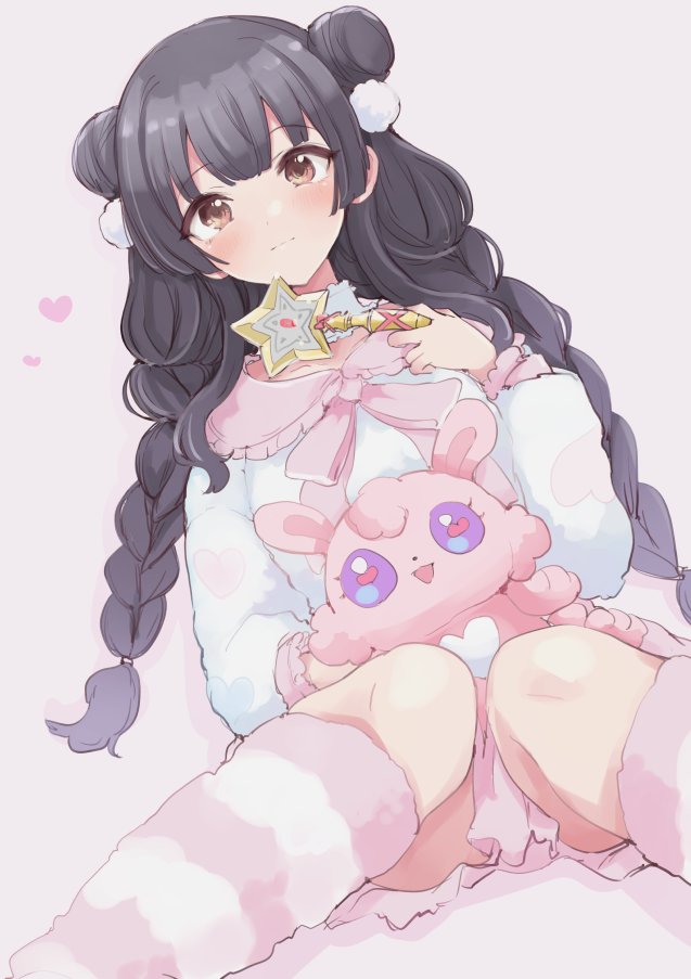 1girl black_hair blush braid double_bun dutch_angle fur-trimmed_legwear fur_trim hair_bun heart heart-shaped_pupils idolmaster idolmaster_shiny_colors light_smile looking_at_viewer mayuzumi_fuyuko morina_nao pink_skirt pom_pom_(clothes) shirt skirt solo stuffed_animal stuffed_bunny stuffed_toy symbol-shaped_pupils twin_braids wand white_shirt