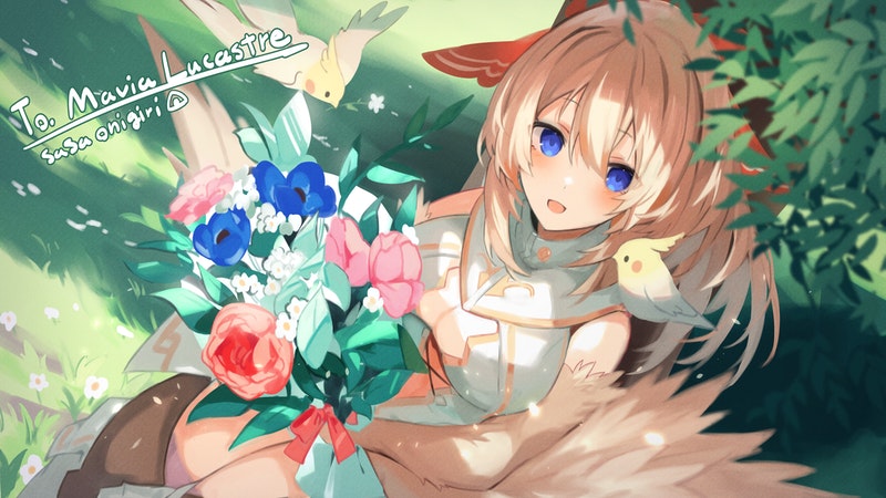 1girl animal animal_on_shoulder artist_name bangs bird bird_on_shoulder black_thighhighs blonde_hair blue_eyes blue_flower bouquet breasts brown_wings center_opening cleavage clothing_cutout commentary commission english_commentary feathers flower hair_between_eyes hair_ribbon harpy holding holding_bouquet indie_virtual_youtuber leotard looking_at_viewer mavia_(vtuber) monster_girl open_mouth pink_flower red_flower ribbon sasa_onigiri skeb_commission sleeveless solo thighhighs virtual_youtuber white_flower white_leotard winged_arms wings