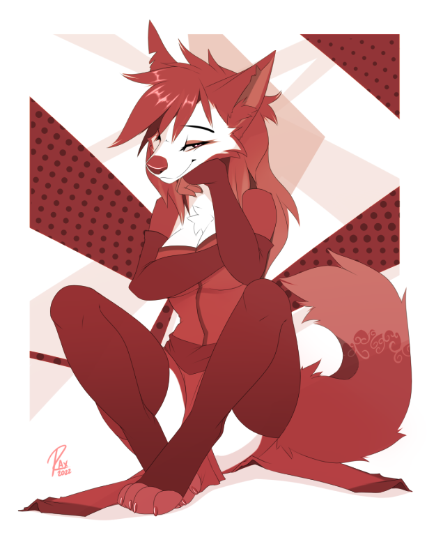 2022 4_toes anthro breasts canid canine clothed clothing digital_media_(artwork) eyebrows eyelashes feet female fur mammal red_nose ref_fur smile solo toes white_body white_fur wolflady