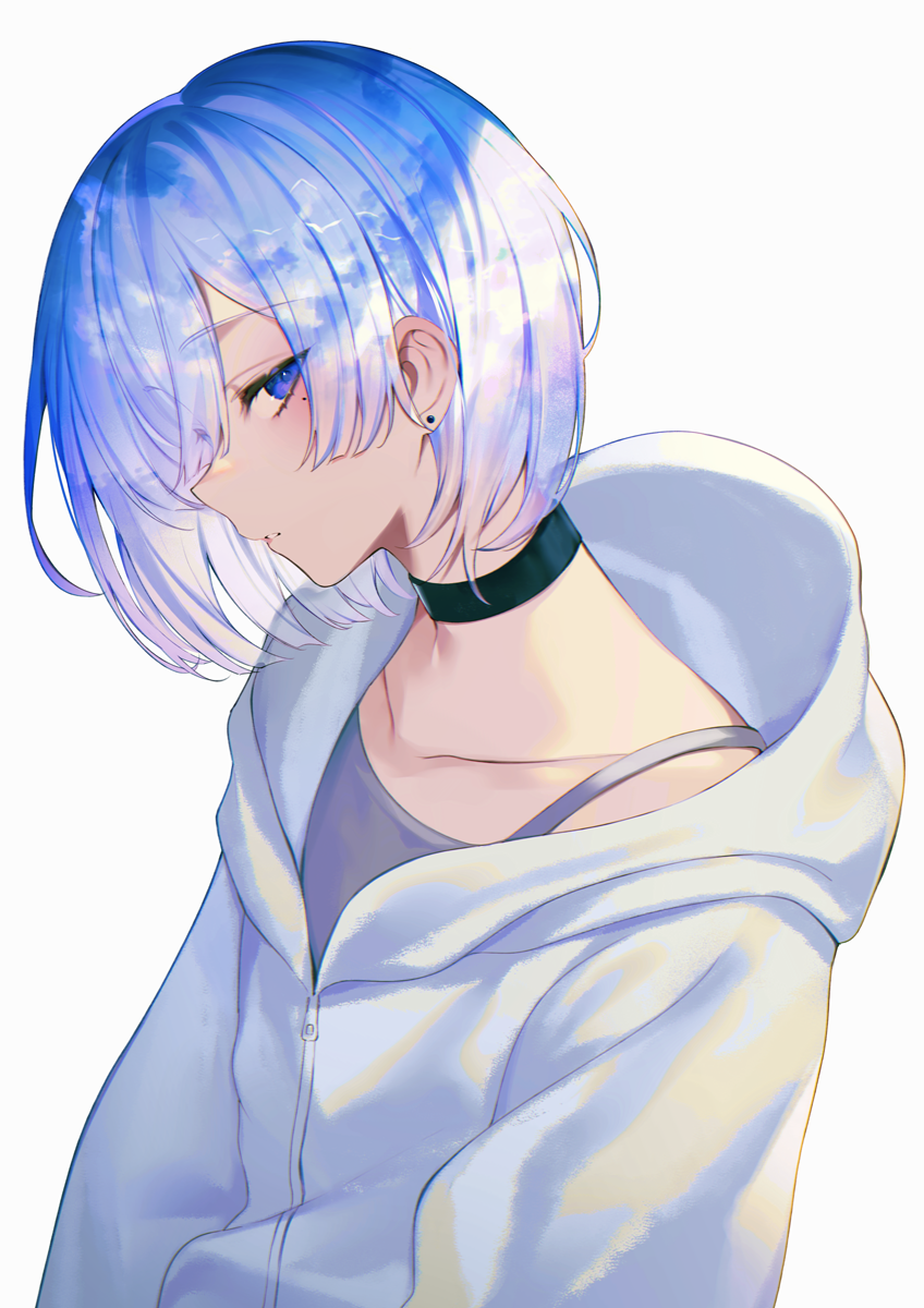 1girl achiki bangs blue_eyes blue_hair blush choker earrings flat_chest from_side highres hood jacket jewelry looking_at_viewer mole mole_under_eye open_mouth original short_hair simple_background solo upper_body white_background