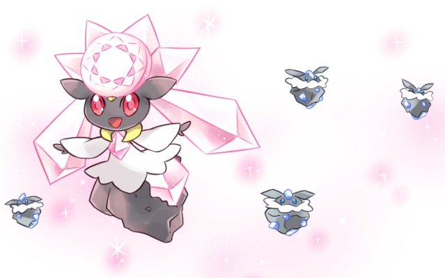 :d carbink commentary_request diancie happy looking_at_viewer no_humans open_mouth outstretched_arms pink_pupils pokemon pokemon_(creature) red_eyes smile soumendaze white_background