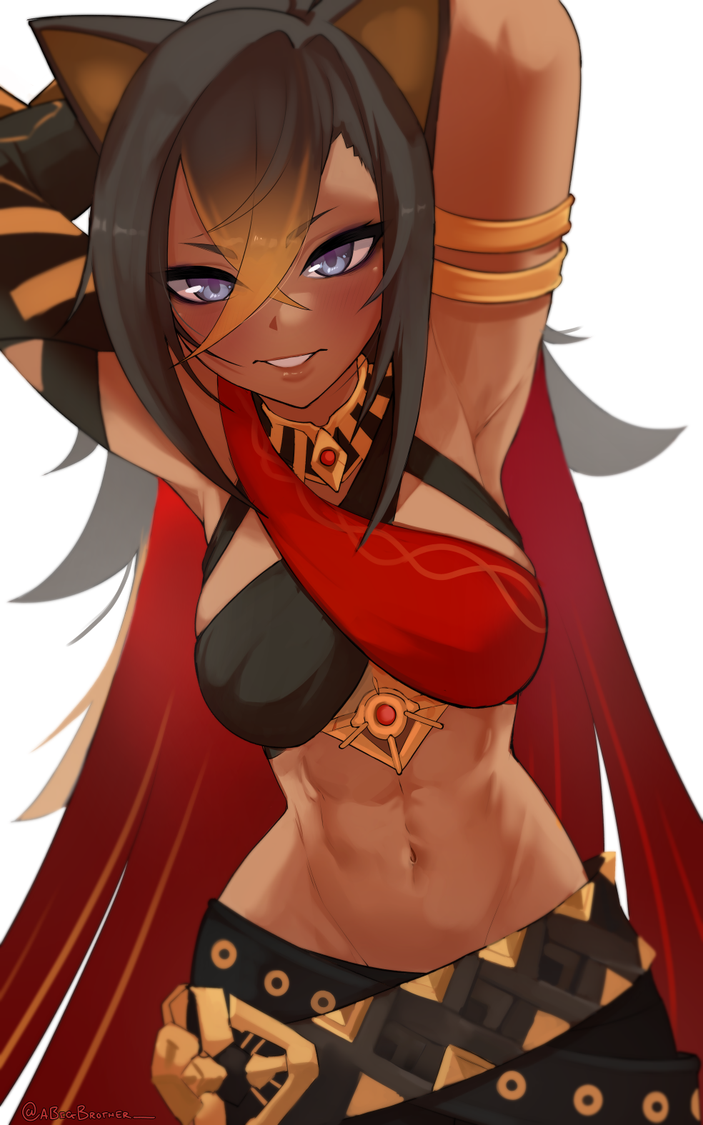 1girl a_big_brother abigbrother abs armpits arms_behind_head arms_up asymmetrical_clothes bangs belt black_hair black_halter_top breasts colored_tips cowboy_shot criss-cross_halter crossed_bangs dark-skinned_female dark_skin dehya_(genshin_impact) genshin_impact grin halterneck highres light_blue_eyes long_hair looking_at_viewer medium_breasts midriff multicolored_hair navel pants parted_lips simple_background smile solo streaked_hair studded_belt toned torn_clothes torn_pants white_background