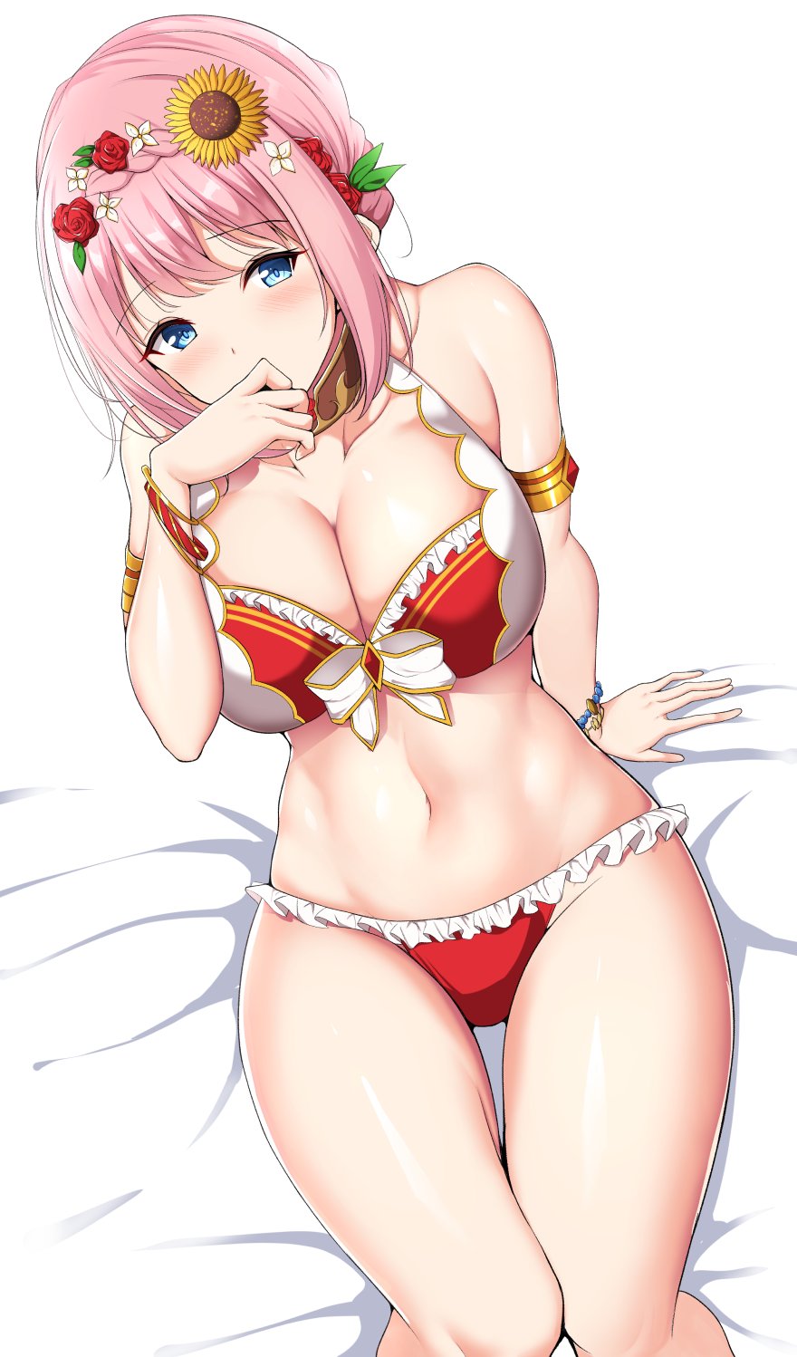 1girl arm_support armlet bangs bed_sheet bikini blue_eyes blush bracelet braid breasts cleavage covering_mouth crown_braid flower frilled_bikini frills hair_flower hair_ornament hand_to_own_mouth highres jewelry large_breasts looking_at_viewer navel noeomi pink_hair princess_connect! red_bikini short_hair sitting solo sunflower_hair_ornament swimsuit white_background yui_(princess_connect!)