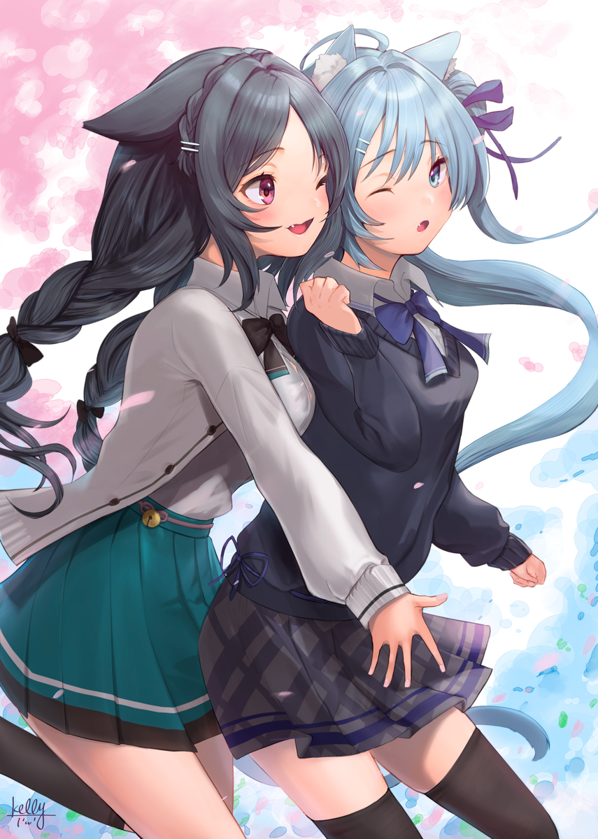 2girls animal_ear_fluff animal_ears asashio_(azur_lane) asashio_(the_transfer_student_underneath_the_dancing_petals)_(azur_lane) ascot azur_lane black_hair black_thighhighs blue_cardigan blue_eyes blue_hair blush bow breasts cardigan cat_ears cat_girl cat_tail cherry_blossoms collared_shirt green_skirt grey_bow hair_ornament hairclip highres hug hug_from_behind kelly_0w0 large_breasts long_hair long_sleeves medium_breasts multiple_girls official_alternate_costume ooshio_(azur_lane) ooshio_(let's_'ave_lunch)_(azur_lane) open_cardigan open_clothes open_mouth outdoors petals plaid red_eyes school_uniform shirt sign skirt tail thighhighs white_cardigan white_shirt
