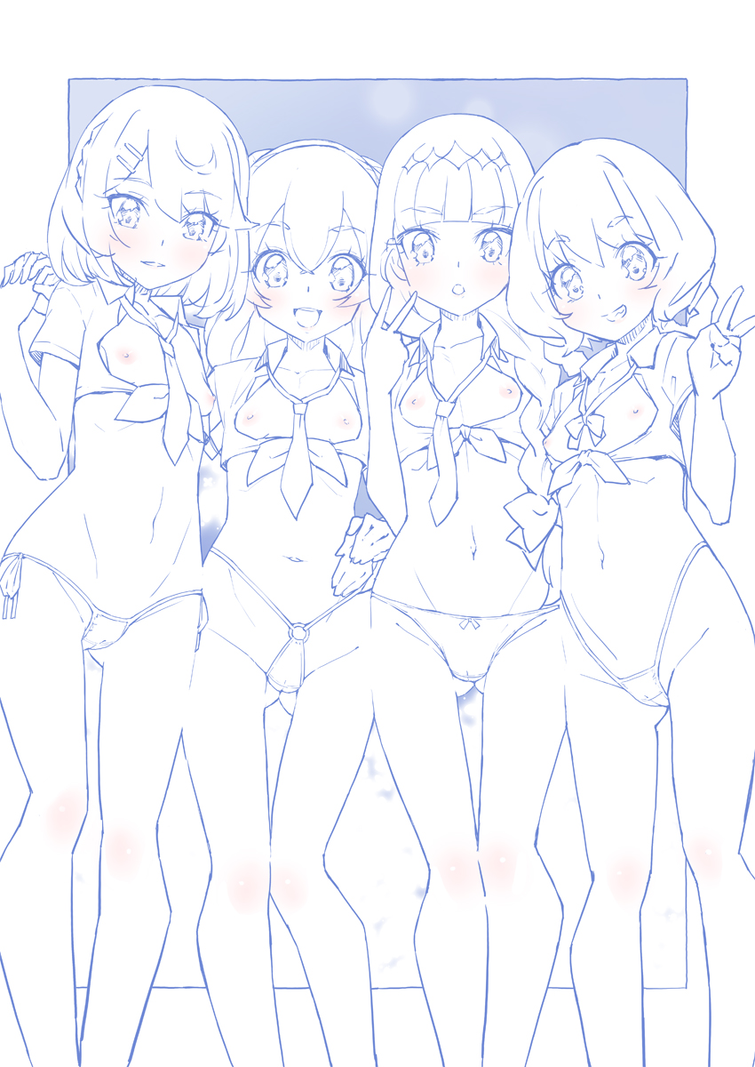 4girls :d :o arm_around_waist ass_visible_through_thighs bangs bikini blue_theme blunt_bangs blush bob_cut bow bow_bikini bowtie braid breasts cameltoe cleft_of_venus collared_shirt commentary crop_top delicious_party_precure front-tie_top fuwa_kokone grin groin hair_ornament hair_over_shoulder hairclip hanamichi_ran hand_on_another's_hip hand_on_hip highleg highleg_bikini highres holding_hands kasai_amane long_hair looking_at_viewer miyagoe_yoshitsuki monochrome multiple_girls nagomi_yui navel necktie nipples no_pants o-ring o-ring_bikini open_mouth outside_border parted_lips precure shirt short_hair short_sleeves side-by-side side-tie_bikini small_breasts smile spot_color standing swimsuit twin_braids v