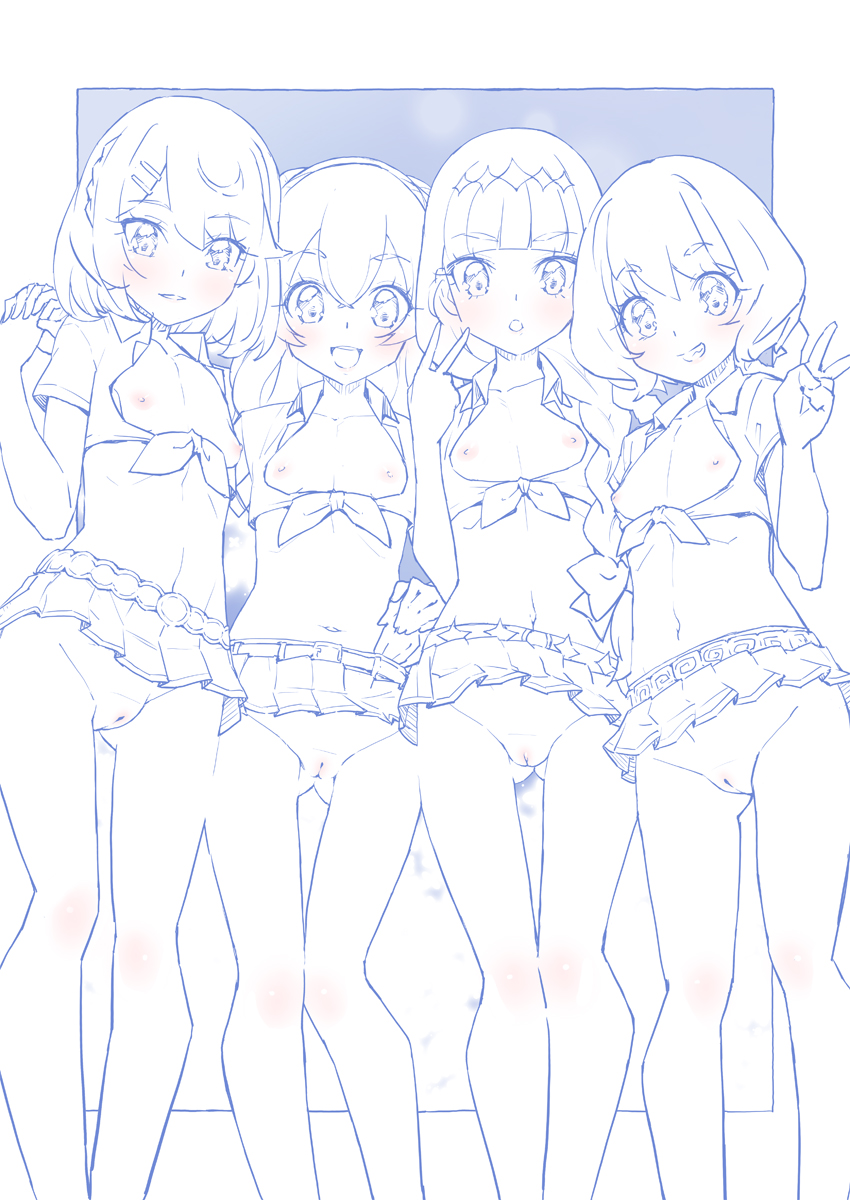 4girls :d :o arm_around_waist ass_visible_through_thighs bangs blue_theme blunt_bangs blush bob_cut braid breasts cleft_of_venus collared_shirt commentary crop_top delicious_party_precure front-tie_top fuwa_kokone grin hair_ornament hair_over_shoulder hairclip hanamichi_ran hand_on_another's_hip hand_on_hip highres holding_hands kasai_amane long_hair looking_at_viewer microskirt miyagoe_yoshitsuki monochrome multiple_girls nagomi_yui navel nipples no_panties open_mouth outside_border parted_lips pleated_skirt precure shirt short_hair short_sleeves side-by-side skirt small_breasts smile spot_color standing twin_braids v
