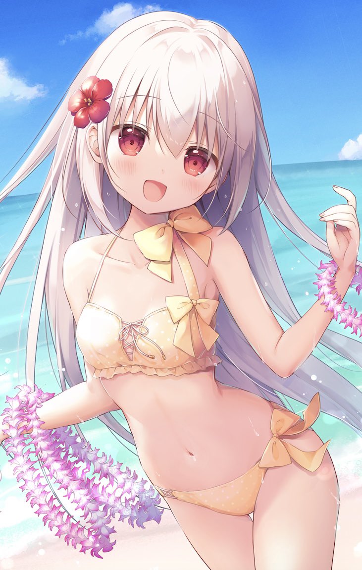 1girl :d bangs bare_arms bare_shoulders bikini blue_sky blush bow breasts cloud collarbone commentary_request day flower frilled_bikini frills hair_between_eyes hair_flower hair_ornament hand_up horizon inae_koron koi_ni_kanmi_o_soete looking_at_viewer miyasaka_naco navel ocean outdoors red_eyes red_flower sky small_breasts smile solo swimsuit water white_hair yellow_bikini yellow_bow