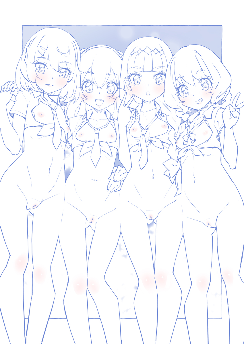 4girls :d :o arm_around_waist ass_visible_through_thighs bangs blue_theme blunt_bangs blush bob_cut bottomless bow bowtie braid breasts cleft_of_venus collared_shirt commentary crop_top delicious_party_precure front-tie_top fuwa_kokone grin groin hair_ornament hair_over_shoulder hairclip hanamichi_ran hand_on_another's_hip hand_on_hip highres holding_hands kasai_amane long_hair looking_at_viewer miyagoe_yoshitsuki monochrome multiple_girls nagomi_yui navel necktie nipples open_mouth outside_border parted_lips precure pussy shirt short_hair short_sleeves side-by-side small_breasts smile spot_color standing twin_braids v