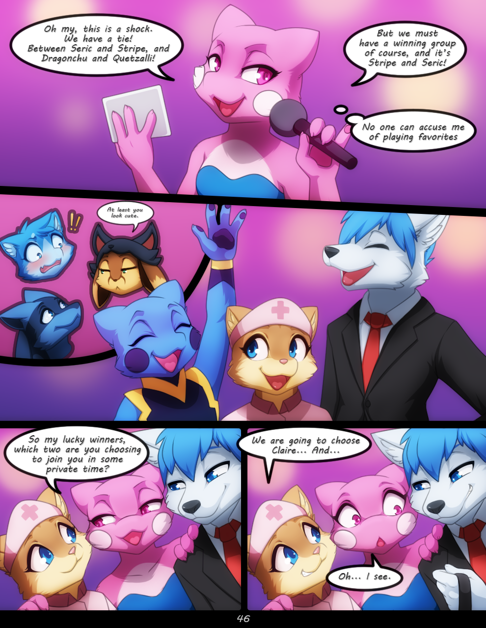 2022 anthro blue_body blue_fur canid canine comic darkmirage digital_media_(artwork) dragonchu_(character) felid female flamecario fox fur group hi_res hybrid legendary_pok&eacute;mon lucario lutrine male mammal mustelid night_in_the_woods nintendo open_mouth pink_body pink_fur pok&eacute;mon pok&eacute;mon_(species) quetzalli_(character) seric_(silentspirit94) sis_(fyoshi) smile smirk speech_bubble stripe_(pinkbutterfree) vicious_kitty video_games