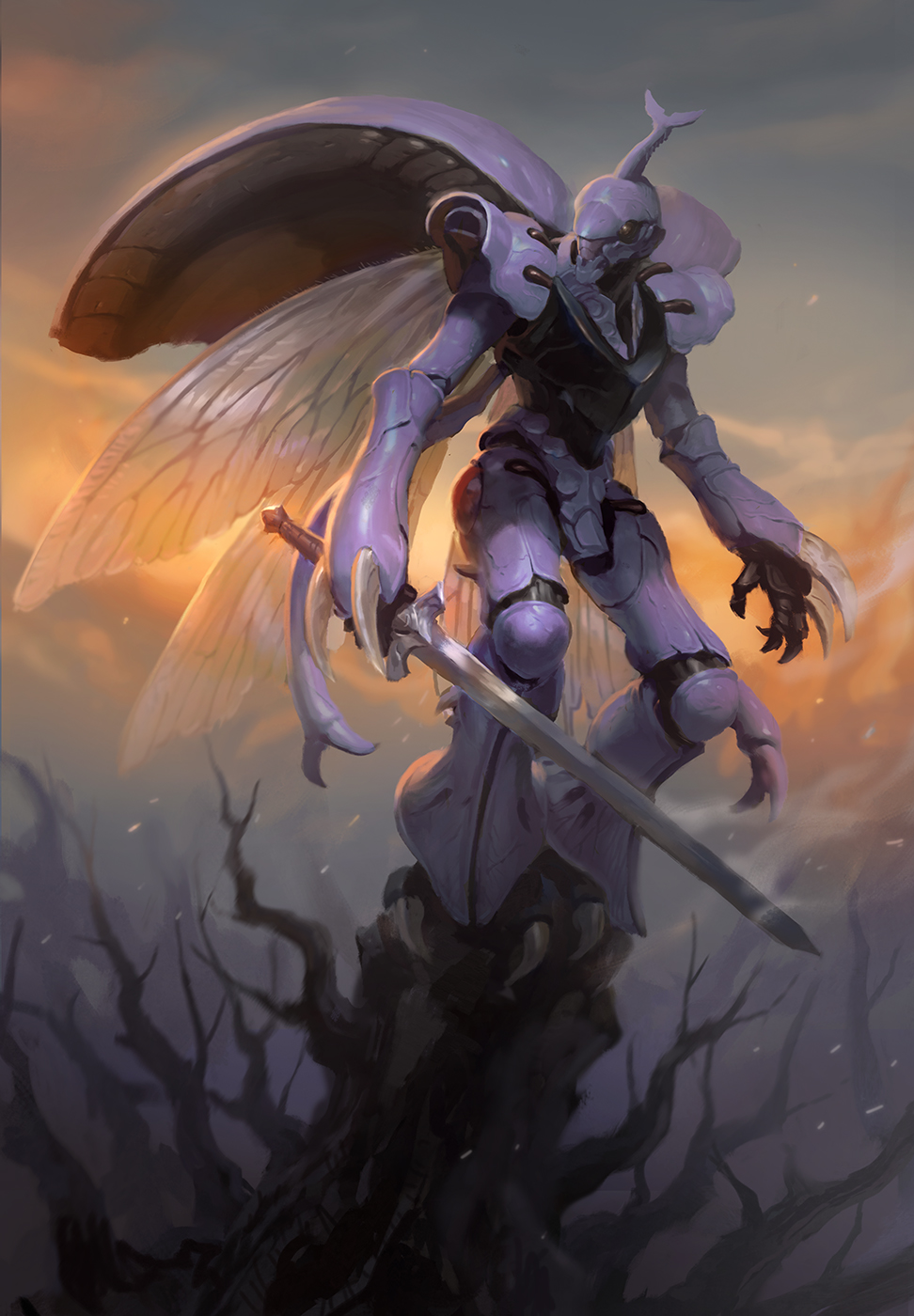 cloud dunbine highres holding holding_sword holding_weapon insect_wings kilart looking_to_the_side mecha no_humans open_hand red_eyes robot seisenshi_dunbine solo sword weapon wings