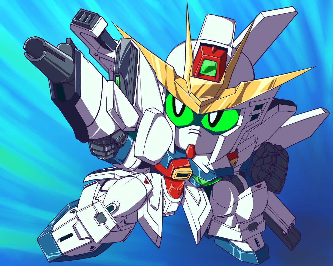 after_war_gundam_x chibi gun gundam gundam_x holding holding_gun holding_weapon kuronekomaru looking_up mecha mobile_suit no_humans robot science_fiction sd_gundam solo v-fin weapon