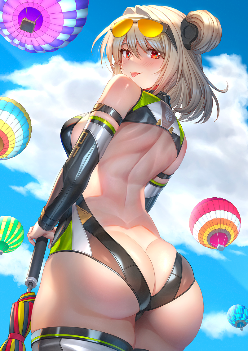 1girl aircraft blue_sky breasts brick_(atelier_brick) cloud day detached_sleeves double_bun eyewear_on_head from_behind from_below girls'_frontline hair_bun hot_air_balloon light_brown_hair medium_breasts outdoors p90_(girls'_frontline) race_queen red_eyes sky smile solo sunglasses thighhighs tinted_eyewear tongue tongue_out yellow-tinted_eyewear
