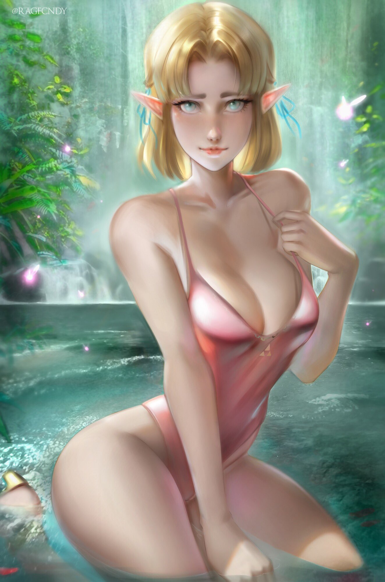 1girl alternate_costume alternate_hairstyle aqua_eyes bangs bare_arms between_legs blonde_hair blue_ribbon breasts cleavage collarbone fairy gold_footwear hair_ribbon hand_between_legs hand_on_own_chest highres kneeling leaf looking_at_viewer medium_breasts medium_hair parted_bangs partially_submerged pink_swimsuit plant pointy_ears princess_zelda ragecndy ribbon sidelocks straight_hair super_smash_bros. swimsuit the_legend_of_zelda thick_eyebrows thighs triforce upper_body water waterfall
