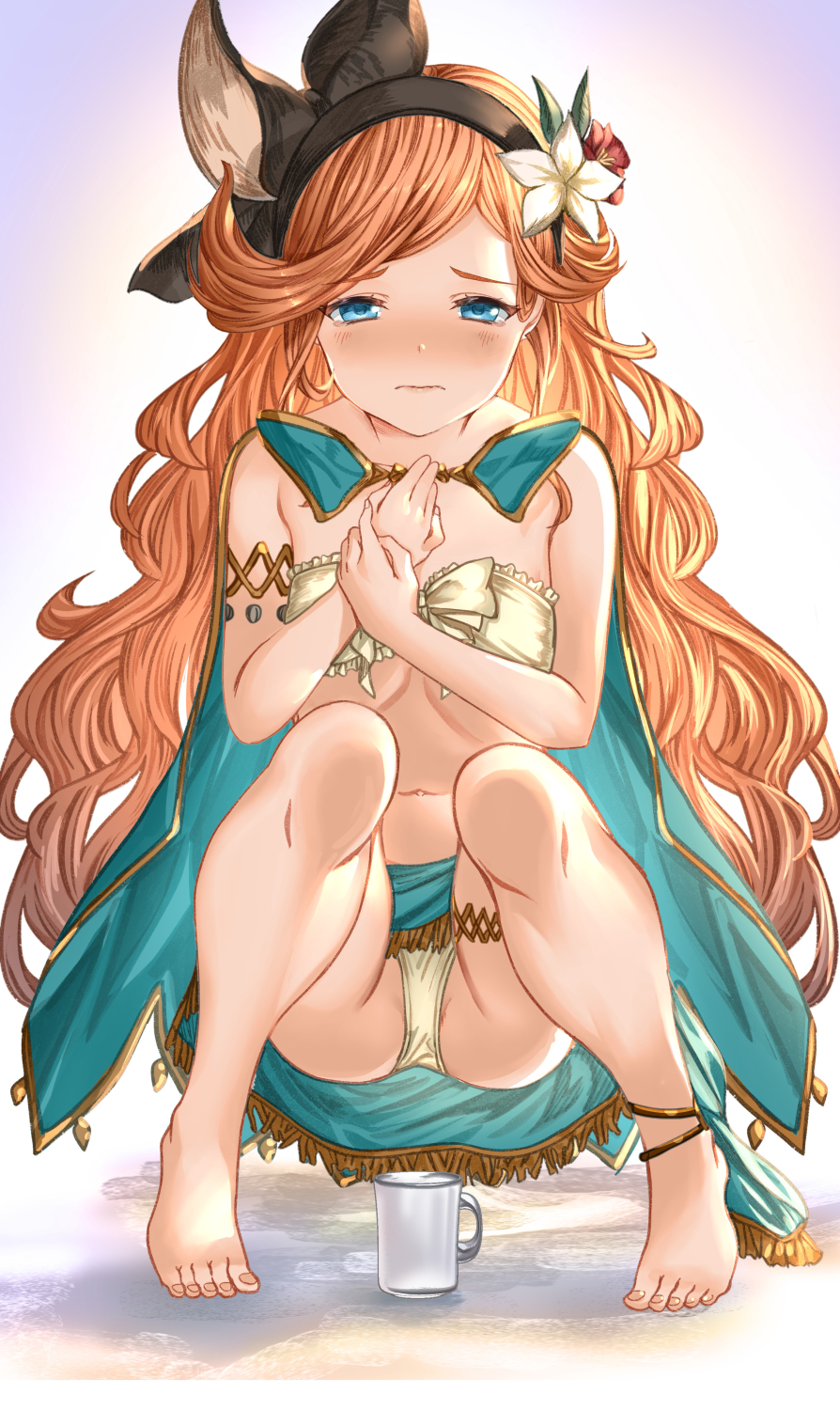 1girl aldehyde barefoot black_hairband blue_eyes blush closed_mouth commentary_request cup flower granblue_fantasy hair_flower hair_ornament hairband highres long_hair looking_at_viewer navel orange_hair panties sara_(granblue_fantasy) solo squatting toenails toes underwear yellow_panties