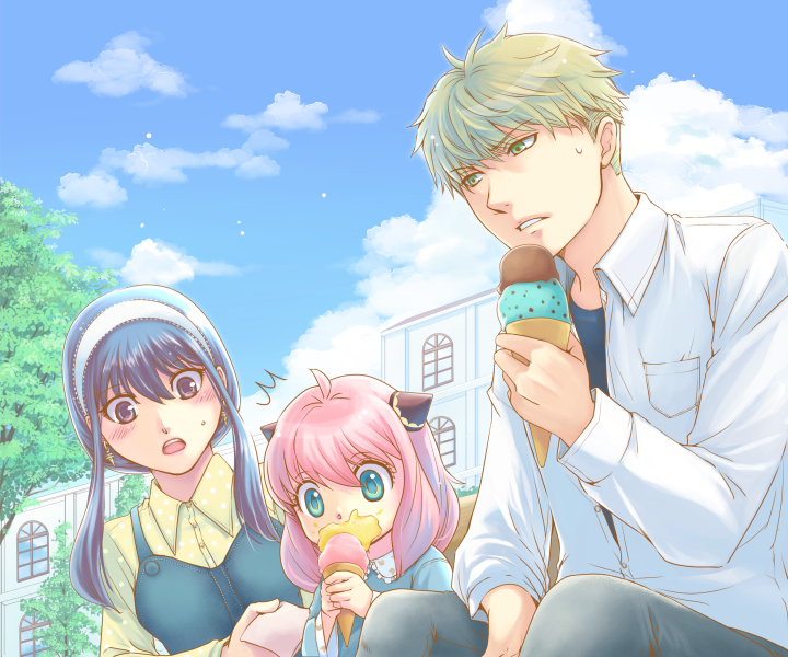 1boy 2girls anya_(spy_x_family) black_hair blonde_hair blue_shirt blush breasts brown_eyes building cloud family female_child food food_on_face green_eyes grey_pants hair_between_eyes hair_up hairband hairpods holding_ice_cream ice_cream ice_cream_cone ice_cream_on_face layered_shirt long_hair long_sleeves looking_at_another multiple_girls napkin open_mouth outdoors pants parted_lips pink_hair shirt short_hair sidelocks spy_x_family sweatdrop teeth tree tsuki_oto_sena twilight_(spy_x_family) upper_teeth white_hairband white_shirt window yellow_shirt yor_briar