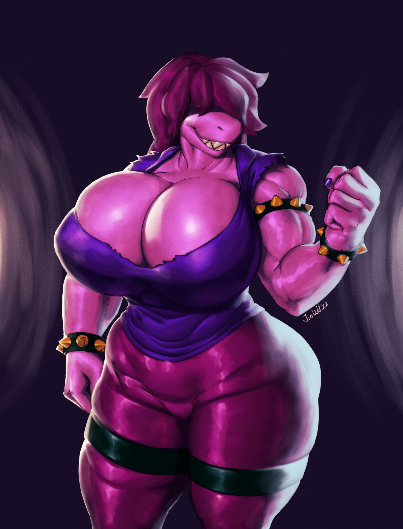 2022 anthro armband big_breasts bracelet breasts cleavage clothed clothing curvy_figure deltarune digital_media_(artwork) female hair hair_over_eyes hi_res huge_breasts jewelry jindragowolf muscular muscular_anthro muscular_female purple_body purple_hair purple_scales reptile scales scalie smile solo spiked_armband spiked_bracelet spikes susie_(deltarune) thick_thighs undertale_(series) video_games voluptuous wide_hips