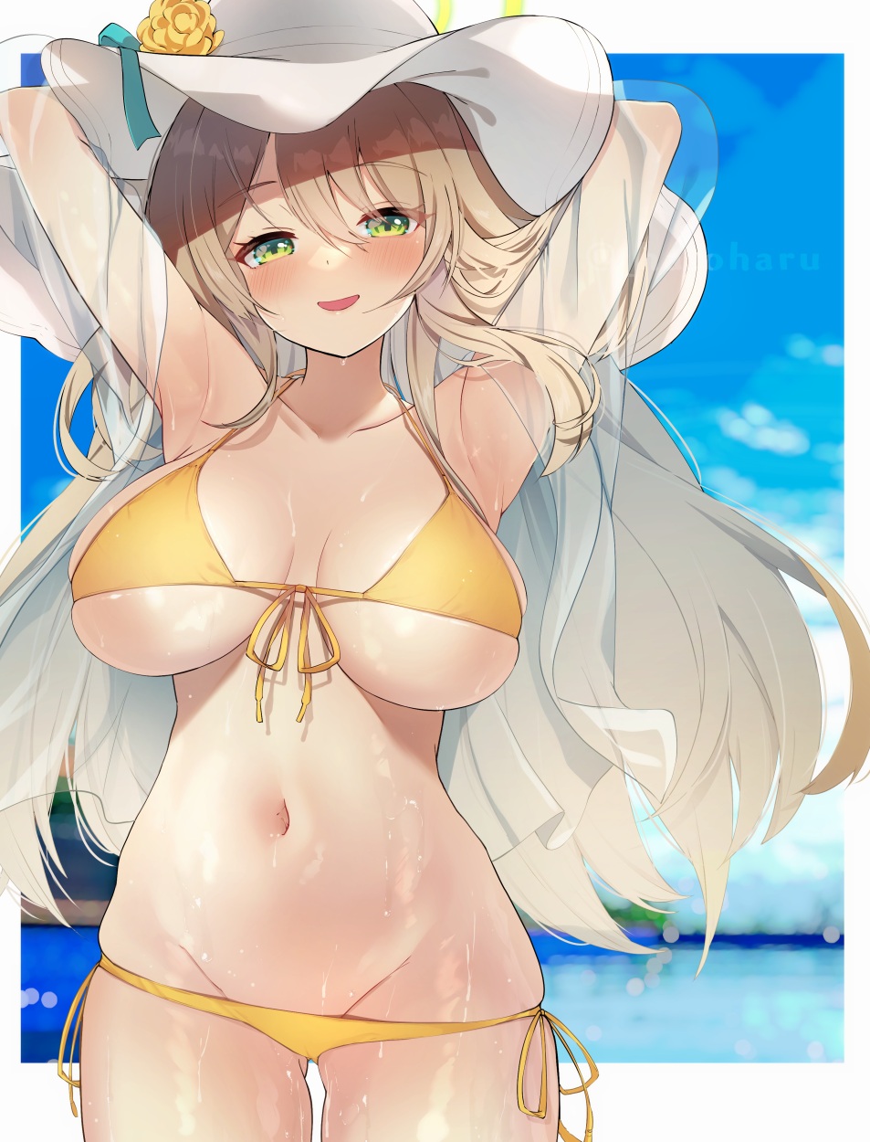 1girl armpits arms_up bangs bikini blue_archive blush breasts commentary cowboy_shot day flower green_eyes hair_between_eyes halo hat hat_flower hat_ribbon hato_haru highres jacket large_breasts light_brown_hair long_hair looking_at_viewer nonomi_(blue_archive) nonomi_(swimsuit)_(blue_archive) ocean official_alternate_costume outdoors ribbon see-through see-through_jacket side-tie_bikini solo stand sun_hat swimsuit yellow_bikini