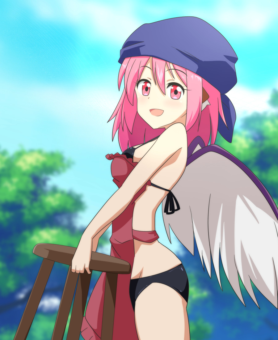 1girl animal_ears apron bikini bird_ears bird_wings black_bikini blush breasts brown_apron cato_(monocatienus) chair cowboy_shot groin hair_between_eyes head_scarf holding holding_chair medium_breasts mystia_lorelei okamisty open_mouth pink_eyes pink_hair short_hair smile solo swimsuit touhou white_wings wings