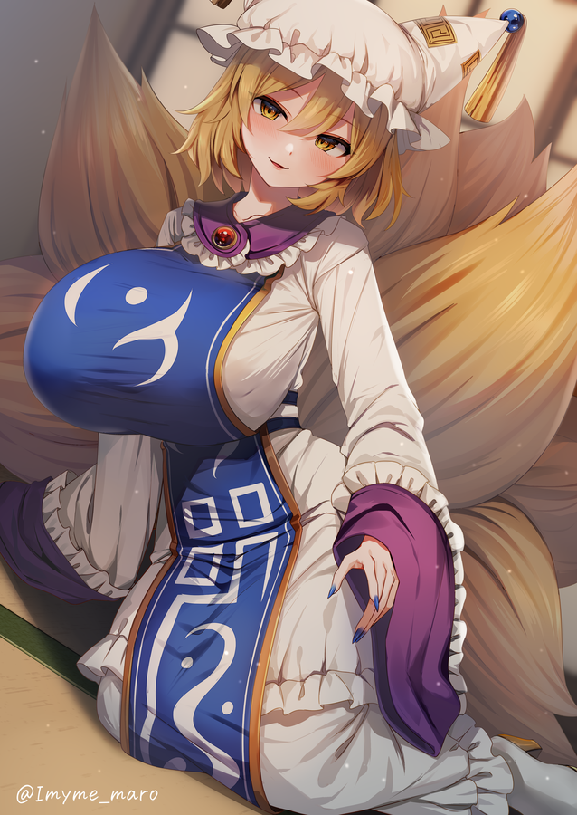 1girl animal_ears blonde_hair blush breasts brown_hair dress duplicate fox_ears fox_tail frilled_dress frills hat huge_breasts long_sleeves marota multiple_tails open_mouth pillow_hat pixel-perfect_duplicate short_hair smile solo tail touhou white_dress white_headwear wide_sleeves yakumo_ran yellow_eyes