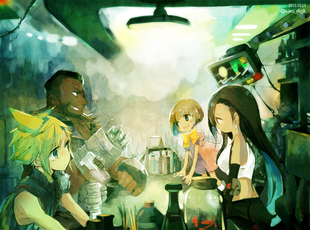2boys 2girls armor bar barret_wallace beard black_gloves black_hair black_skirt blonde_hair blue_eyes bottle bow bowtie brown_eyes brown_hair cloud_strife counter crop_top cup dark-skinned_male dark_skin dress earrings elbow_gloves elbow_pads facial_hair father_and_daughter final_fantasy final_fantasy_vii fingerless_gloves gloves grin hair_behind_ear hair_between_eyes holding holding_cup indoors jar jewelry leaning_forward long_hair looking_at_another marlene_wallace midriff multiple_boys multiple_girls open_mouth pink_dress prosthesis puffy_short_sleeves puffy_sleeves saru_(shimanokyouken) shirt short_hair short_sleeves shoulder_armor skirt sleeveless sleeveless_turtleneck smile spiked_hair suspender_skirt suspenders teeth television tifa_lockhart torn_clothes torn_sleeves turtleneck upper_body very_short_hair white_shirt yellow_bow