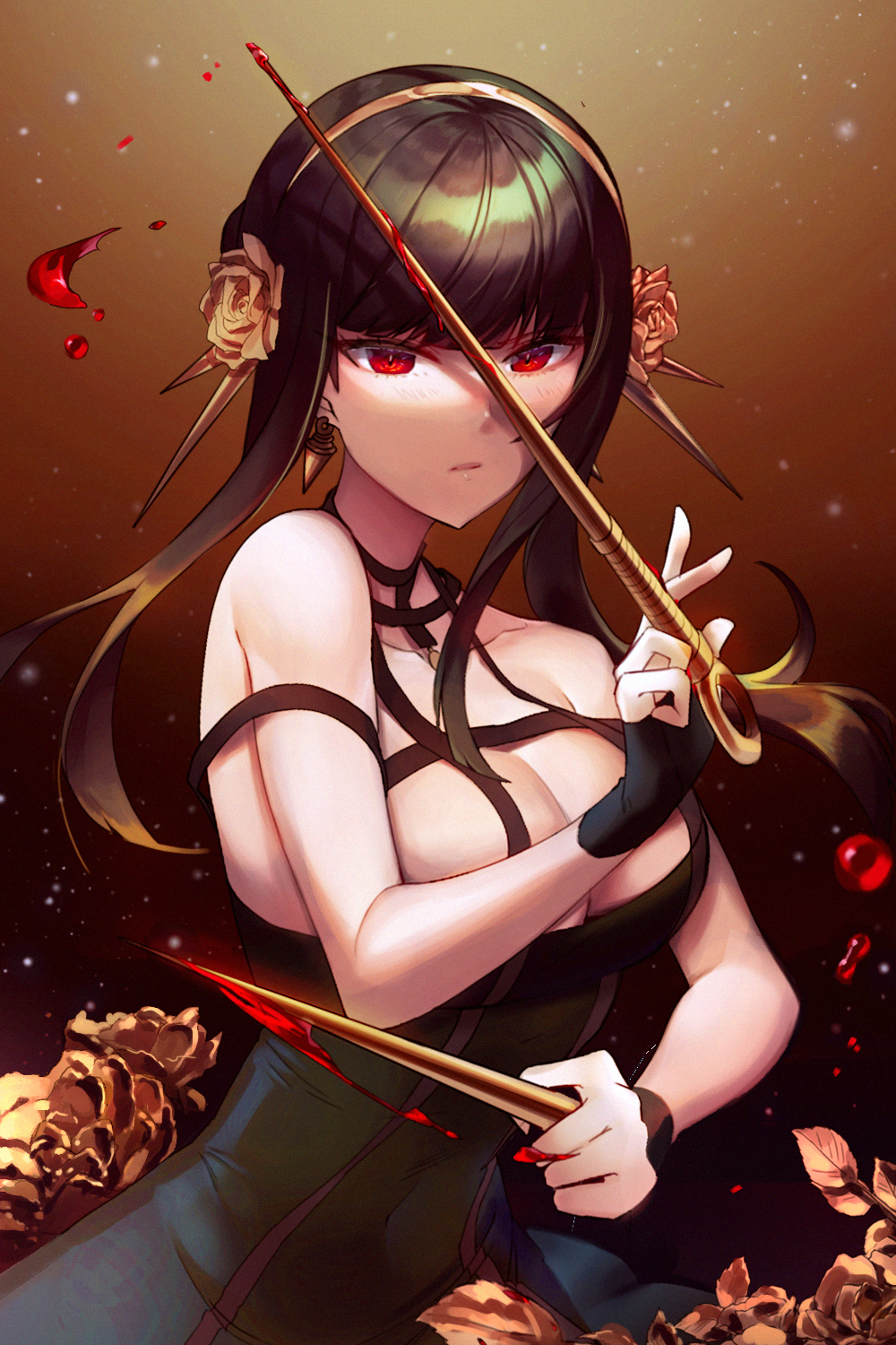 1girl alpaca_ash bare_shoulders black_dress black_hair blood blood_on_weapon breasts briar_rose_(sinoalice) bridal_gauntlets cleavage collarbone dagger dress earrings flower gold_earrings gold_hairband gradient gradient_background hairband highres holding holding_dagger holding_weapon jewelry knife large_breasts looking_at_viewer low_neckline pendant red_eyes rose short_hair_with_long_locks solo spy_x_family stiletto_(weapon) upper_body weapon yor_briar