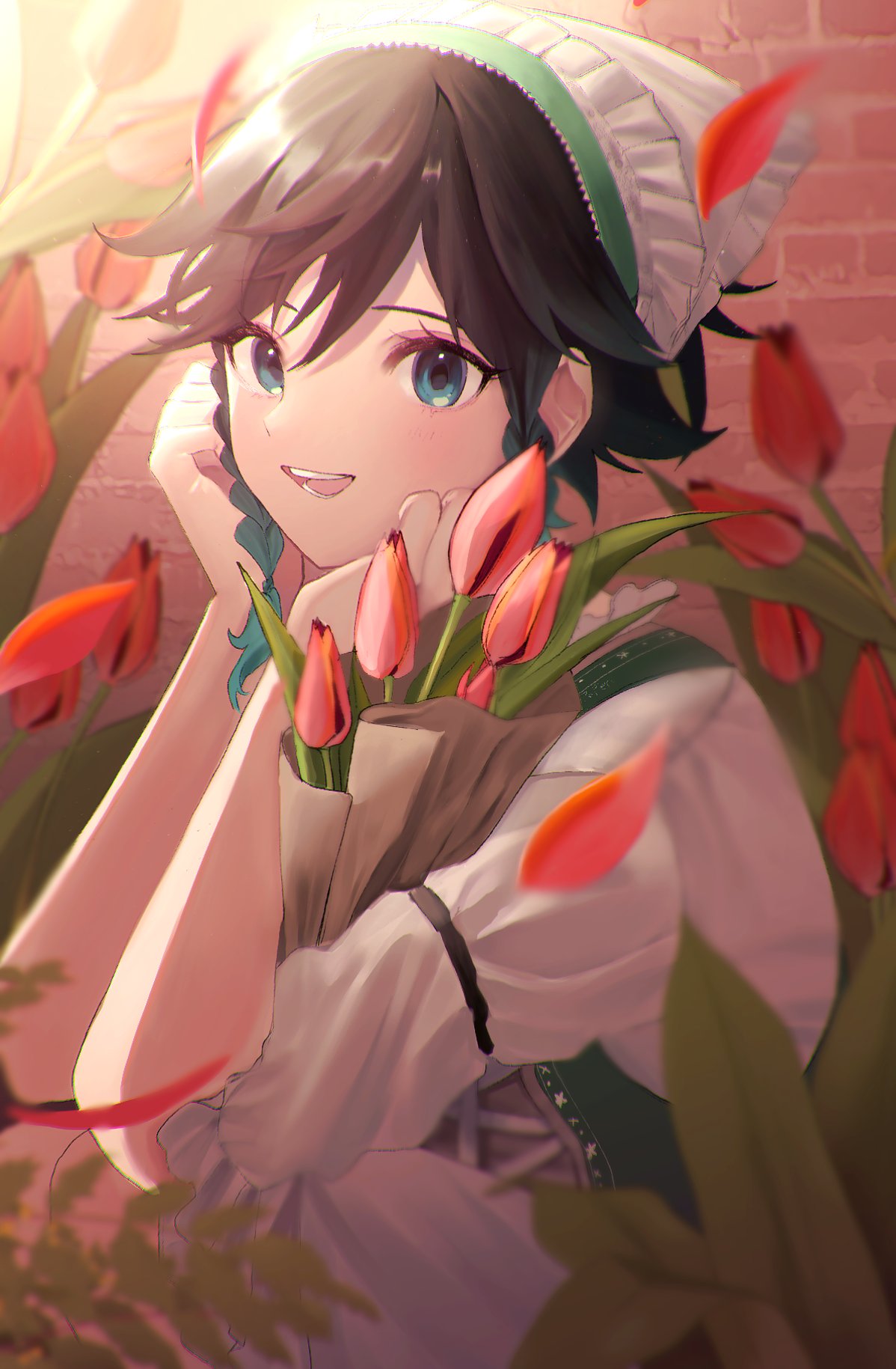 androgynous bangs black_hair blue_eyes blue_hair braid commentary crossdressing dress english_commentary european_clothes flower genshin_impact gradient_hair highres looking_at_viewer multicolored_hair otoko_no_ko popen_o_v2 red_flower short_hair_with_long_locks smile tulip twin_braids venti_(genshin_impact)