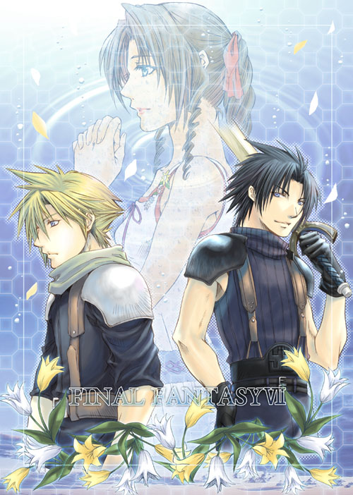 1girl 2boys aerith_gainsborough armor bangs bare_arms belt black_gloves black_hair blonde_hair blue_background blue_eyes blue_shirt border braid braided_ponytail breasts brown_hair cloud_strife crisis_core_final_fantasy_vii curly_hair dress falling_petals final_fantasy final_fantasy_vii flower gloves green_eyes hair_ribbon hand_on_hip holding holding_sword holding_weapon long_hair medium_breasts multiple_boys over_shoulder own_hands_clasped own_hands_together parted_bangs petals pink_ribbon profile ribbon ripples scarf shirt short_hair shoulder_armor sidelocks sleeveless sleeveless_turtleneck sleeves_rolled_up spiked_hair suspenders sword tsuki_oto_sena turtleneck upper_body weapon weapon_over_shoulder white_dress white_flower yellow_flower zack_fair
