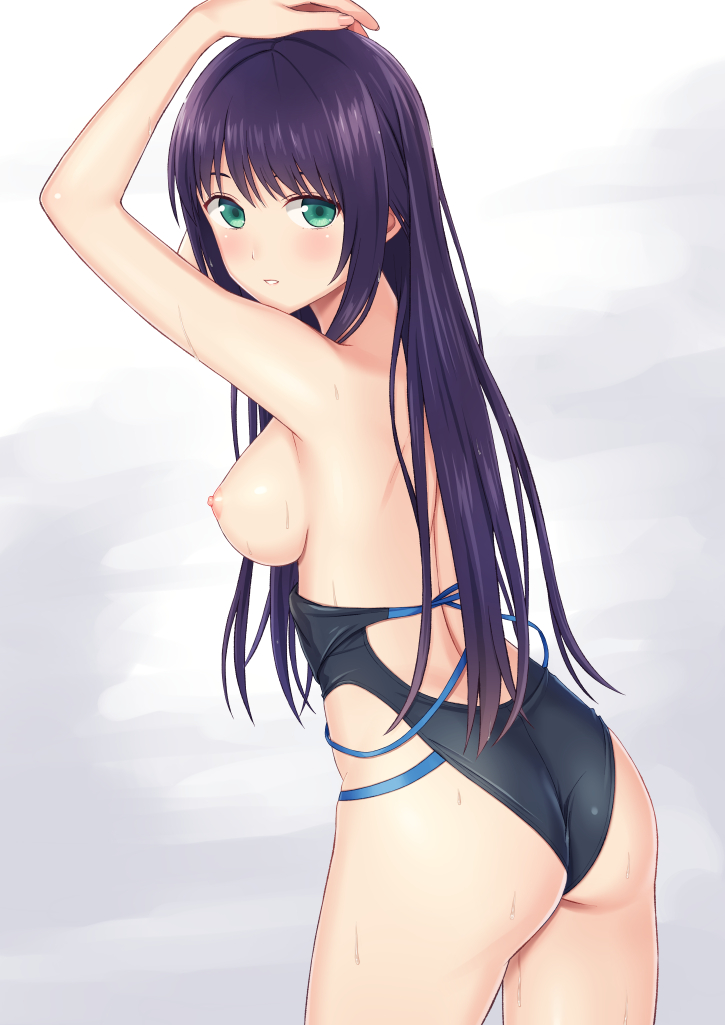 1girl arm_up ass back_cutout bangs banned_artist black_swimsuit blush breasts breasts_out clothes_pull clothing_cutout competition_swimsuit cowboy_shot from_behind gradient gradient_background green_eyes grey_background hand_on_own_head large_breasts long_hair looking_at_viewer looking_back n.g. nipples one-piece_swimsuit original parted_lips purple_hair solo sweat swimsuit swimsuit_pull very_long_hair