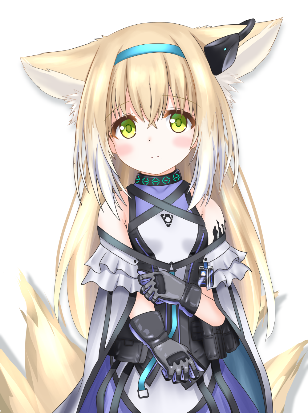 1girl alternate_hairstyle animal_ear_fluff animal_ears arknights bangs bare_shoulders black_gloves blonde_hair blue_hairband blush breasts cloak closed_mouth commentary_request covered_collarbone fox_ears fox_girl fox_tail gloves green_eyes hair_between_eyes hairband highres infection_monitor_(arknights) kitsune langley1000 long_hair looking_at_viewer oripathy_lesion_(arknights) purple_shirt purple_skirt revision shirt simple_background skirt sleeveless sleeveless_shirt small_breasts smile solo suzuran_(arknights) tail very_long_hair white_background white_cloak white_shirt