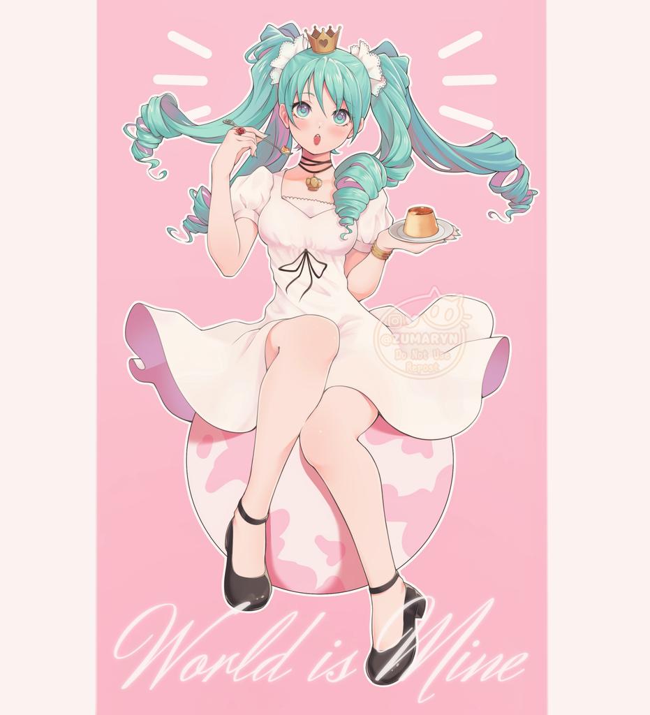 1girl ^^^ ankle_strap aqua_eyes aqua_hair artist_name bangs black_footwear black_ribbon bracelet breasts collarbone crown curly_hair dessert dot_nose dress earth_(planet) english_text eyelashes floating_hair food full_body gold_bracelet hands_up hatsune_miku holding holding_plate holding_spoon instagram_logo jewelry knee_up light_blush mary_janes medium_breasts mini_crown outline parted_bangs parted_lips pendant pillarboxed pink_background planet plate pudding puffy_short_sleeves puffy_sleeves ribbon shoes short_sleeves simple_background sitting solo song_name spoon swept_bangs tareme teeth text_focus twintails twitter_logo two-tone_background upper_teeth vocaloid white_background white_dress white_outline wide-eyed world_is_mine_(vocaloid) zumaryn