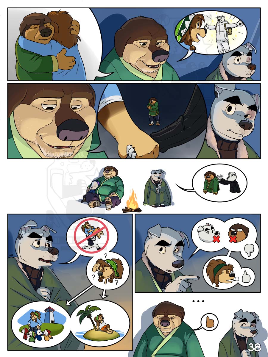 animal_crossing anthro black_clothing black_nose black_shirt black_topwear blue_clothing bodi_(rock_dog) bovid brown_body brown_fur bruised_eye campfire canid canine canis caprine clothing comic dialogue domestic_dog eclipsewolf embrace eyebrows eyes_closed fur gesture green_clothing green_hat green_headwear group hand_holding hat headgear headwear hi_res hug hunting_dog island jack_russell_terrier k.k._slider khampa_(rock_dog) livestock_guardian_dog looking_at_another looking_down male mammal molosser mountain_dog nintendo open_mouth page_number pastoral_dog patting_back rock_dog sheep shirt speech_bubble tan_body tan_fur teeth terrier thumbs_down thumbs_up tibetan_mountain_dog topwear turtleneck video_games white_body white_fur