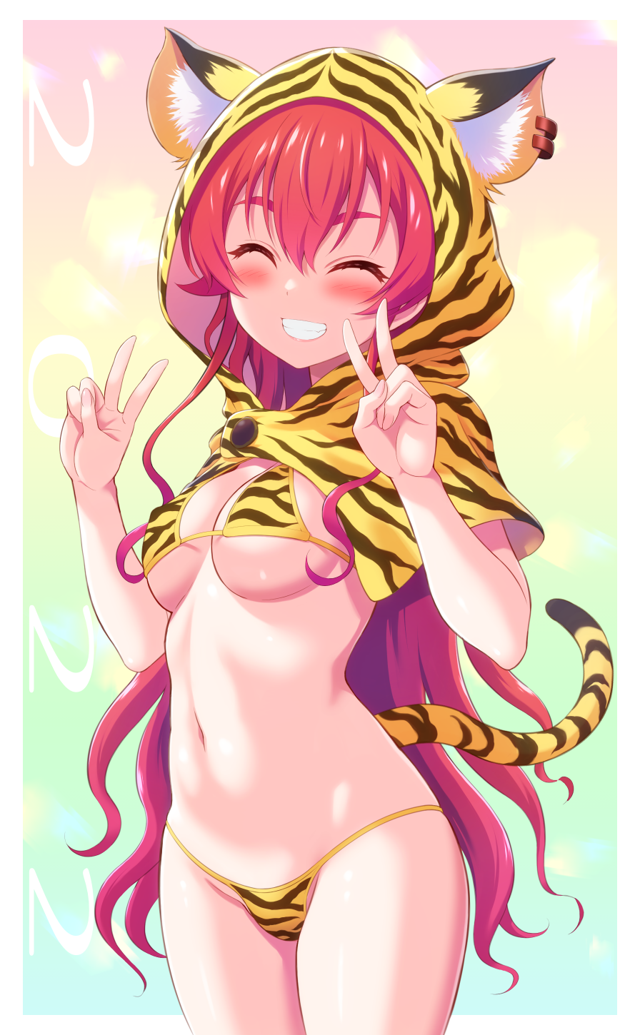 1girl ^_^ animal_hood animal_print bangs bikini blush breasts capelet chinese_zodiac cleavage closed_eyes commentary_request cowboy_shot crossed_bangs double_v eris_greyrat eyebrows_hidden_by_hair fake_tail gradient gradient_background grin groin hair_between_eyes hands_up harukaze_soyogu highres hood hood_up hooded_capelet long_hair multicolored_background mushoku_tensei navel red_hair sidelocks small_breasts smile solo standing stomach swimsuit tail teeth thick_eyebrows tiger_hood tiger_print tiger_tail underboob v year_of_the_tiger yellow_bikini yellow_capelet