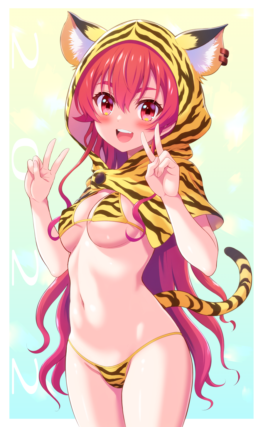 1girl :d animal_hood animal_print bangs bikini blush breasts capelet chinese_zodiac cleavage commentary_request cowboy_shot crossed_bangs double_v eris_greyrat eyebrows_hidden_by_hair fake_tail gradient gradient_background groin hair_between_eyes hands_up harukaze_soyogu highres hood hood_up hooded_capelet long_hair looking_at_viewer multicolored_background mushoku_tensei navel open_mouth red_eyes red_hair sidelocks small_breasts smile solo standing stomach swimsuit tail teeth thick_eyebrows tiger_hood tiger_print tiger_tail underboob upper_teeth v year_of_the_tiger yellow_bikini yellow_capelet