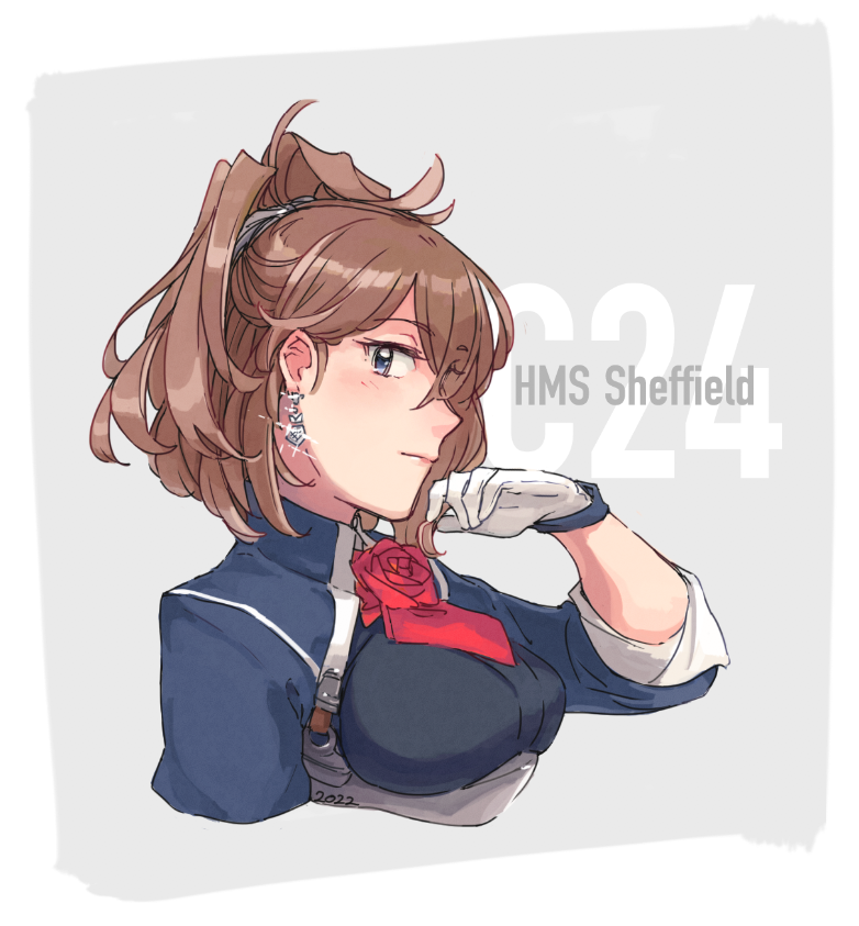 1girl ascot blue_eyes brown_hair character_name closed_mouth earrings flower gloves hair_between_eyes jewelry kantai_collection long_hair long_sleeves military military_uniform red_ascot red_flower red_rose rose sheffield_(kancolle) solo uniform upper_body weidashming white_gloves