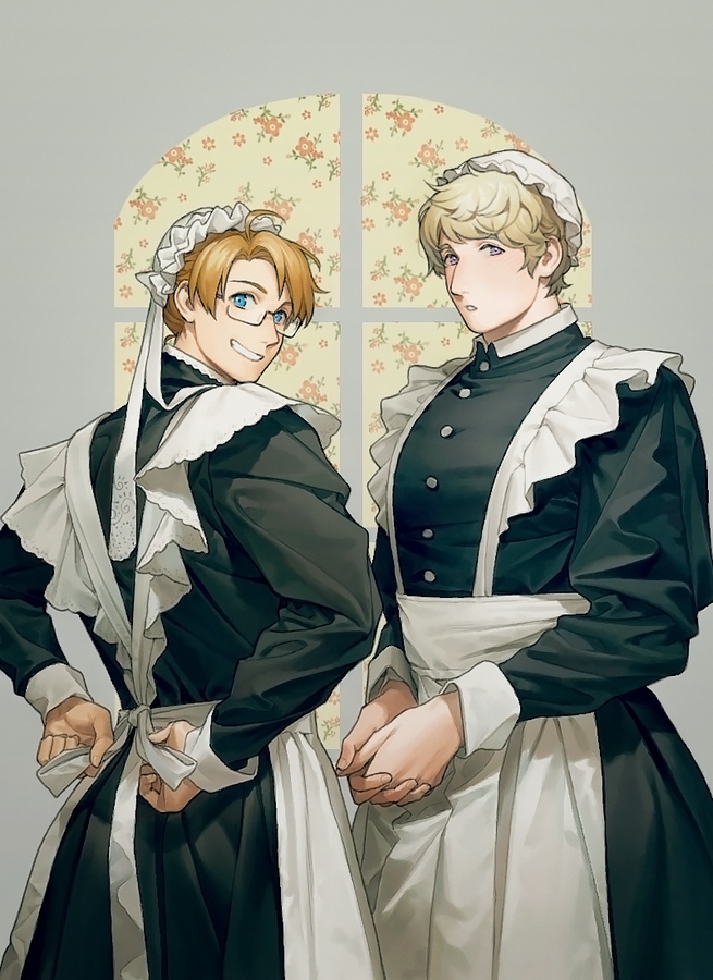 2boys alternate_costume america_(hetalia) apron axis_powers_hetalia blonde_hair blue_eyes bonnet buttons crossdressing enmaided floral_background glasses grey_background grin littleb623 long_sleeves looking_at_viewer maid multiple_boys parted_lips puffy_long_sleeves puffy_sleeves purple_eyes russia_(hetalia) sleeve_cuffs smile tying_apron waist_apron window