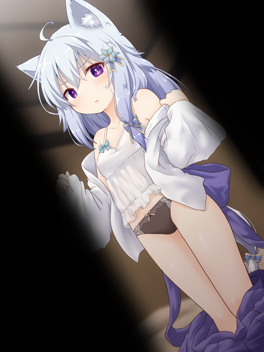 &gt;:( 1girl animal_ears black_panties bow breasts camisole clothes_down commission frown highres light_blue_hair long_hair long_sleeves looking_at_viewer natsu_no_koucha original panties pov purple_eyes skeb_commission skirt small_breasts sweat tail tail_bow tail_ornament underwear undressing v-shaped_eyebrows white_camisole wolf_ears wolf_tail