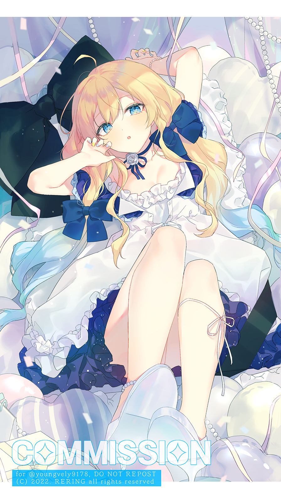 1girl :o ahoge arm_up bangs black_bow blonde_hair blue_bow blue_eyes blue_hair blue_nails bow commentary_request commission dress english_text frilled_dress frilled_pillow frills gradient_hair hair_between_eyes hair_bow hand_up heart heart_pillow highres long_hair looking_at_viewer multicolored_hair multicolored_nails nail_polish original parted_lips pillow shoe_soles shoes silltare solo very_long_hair watermark white_dress white_footwear yellow_nails