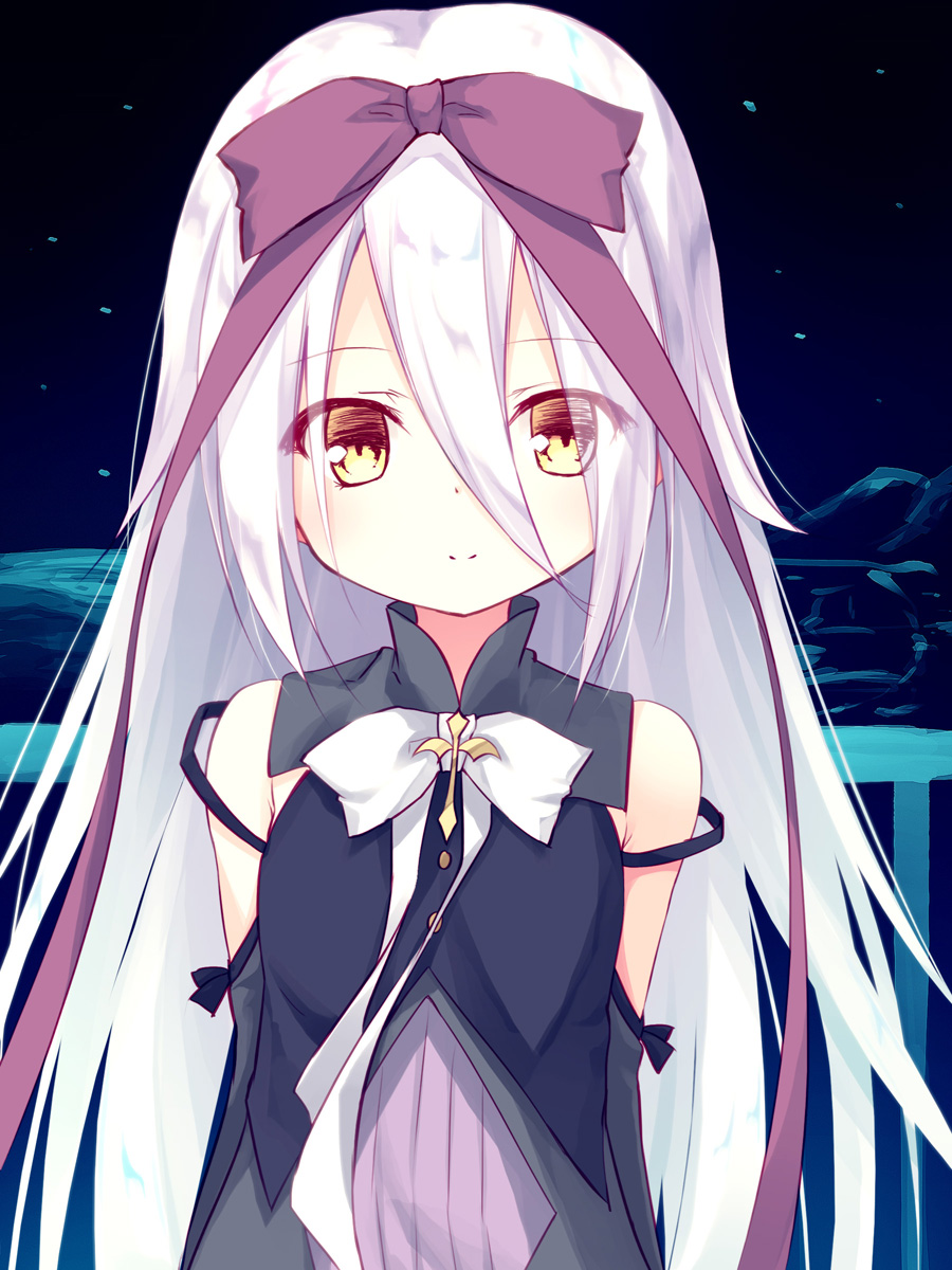 1girl bangs bare_shoulders black_dress bow closed_mouth commentary_request dress eyes_visible_through_hair hair_between_eyes hair_bow highres hoshizora_no_memoria long_hair looking_at_viewer mare_s._ephemeral night night_sky outdoors railing red_bow sky sleeveless sleeveless_dress smile solo very_long_hair white_bow white_hair yellow_eyes yuku_(kiollion)