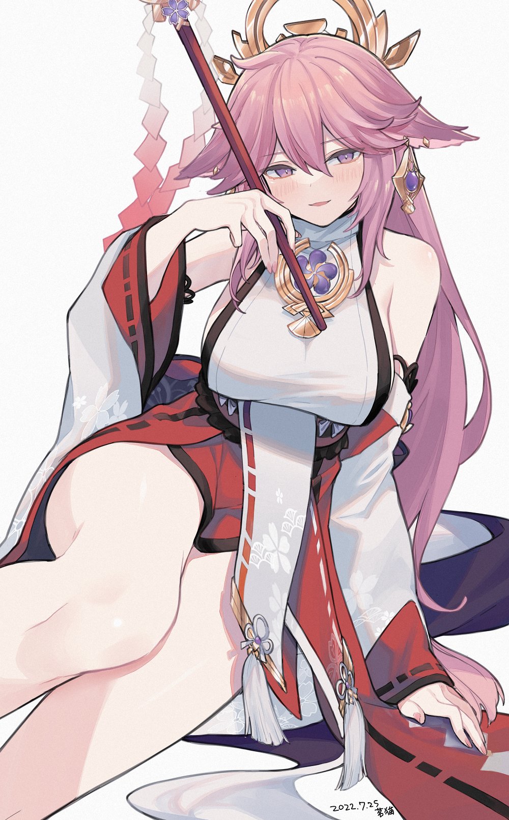 1girl animal_ears bare_legs bare_shoulders breasts detached_sleeves earrings fox_ears genshin_impact gohei hair_ornament highres holding holding_wand japanese_clothes jewelry large_breasts long_hair looking_at_viewer mimelond open_mouth pink_hair purple_eyes shide sitting smile solo tassel thighs wand wide_sleeves yae_miko yokozuwari