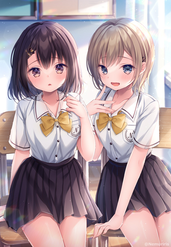 2girls :d black_hair black_skirt blue_eyes bow breasts brown_hair chair collared_shirt commentary_request curtains day dress_shirt hair_ornament hairclip hand_up indoors looking_at_viewer multiple_girls nemuri_nemu on_chair original parted_lips pleated_skirt school_chair school_uniform shirt short_sleeves skirt small_breasts smile white_shirt window yellow_bow