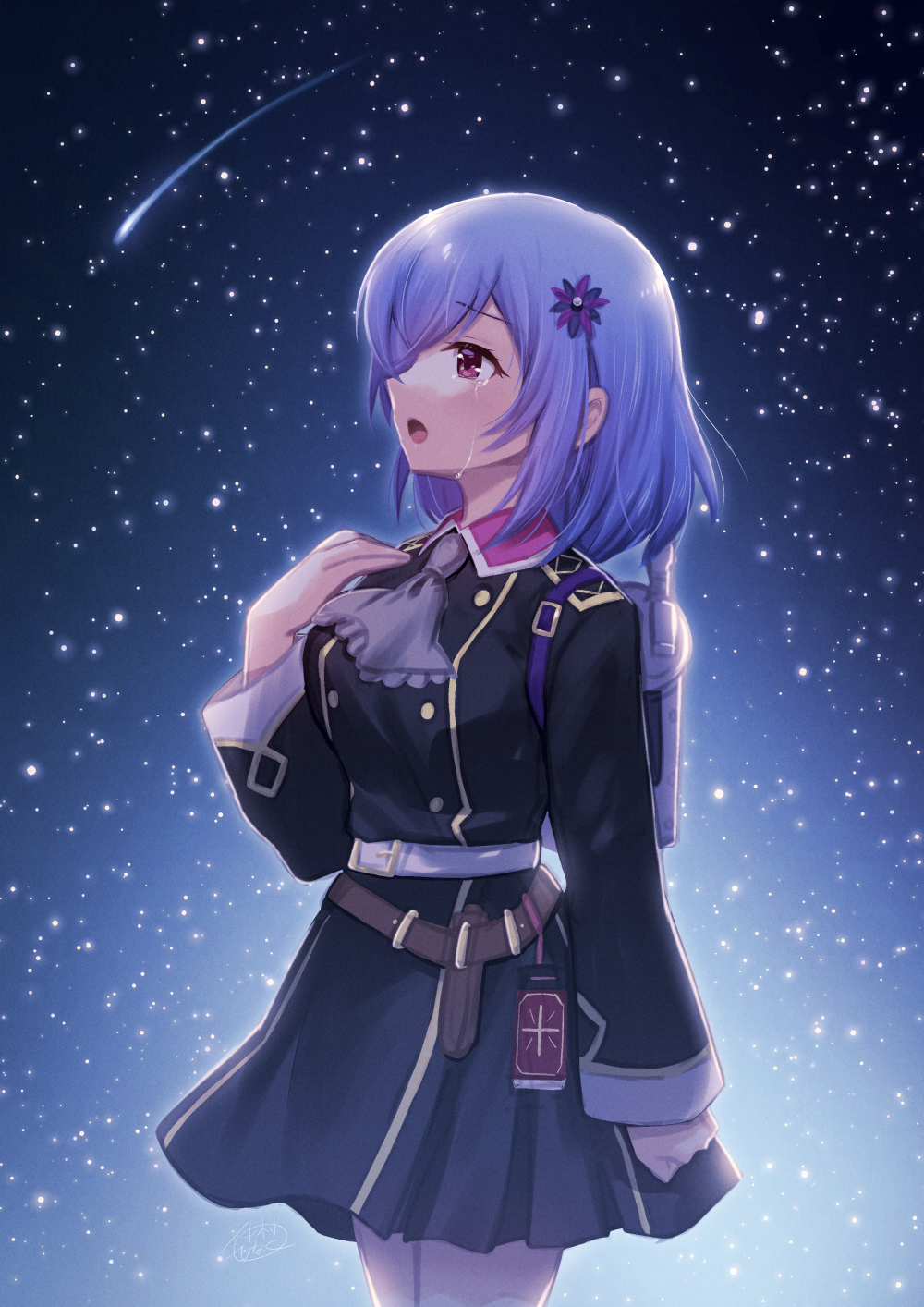 1girl belt belt_buckle black_dress blue_hair breasts buckle character_request collared_dress commentary_request cowboy_shot crying crying_with_eyes_open dress falling_star flower hair_flower hair_ornament hand_up highres long_sleeves looking_away medium_breasts nakamura_hinato night night_sky pleated_dress prima_doll_(anime) red_eyes sky solo star_(sky) starry_sky tears white_belt