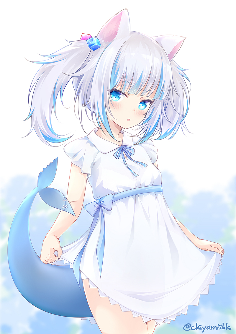 1girl animal_ears bangs blue_eyes blue_hair blue_ribbon cat_ears chiyami collared_dress commentary_request dress fish_tail gawr_gura grey_hair hair_cubes hair_ornament hololive hololive_english looking_at_viewer multicolored_hair neck_ribbon parted_lips ribbon shark_tail skirt_hold solo streaked_hair tail twintails twitter_username v-shaped_eyebrows virtual_youtuber white_dress