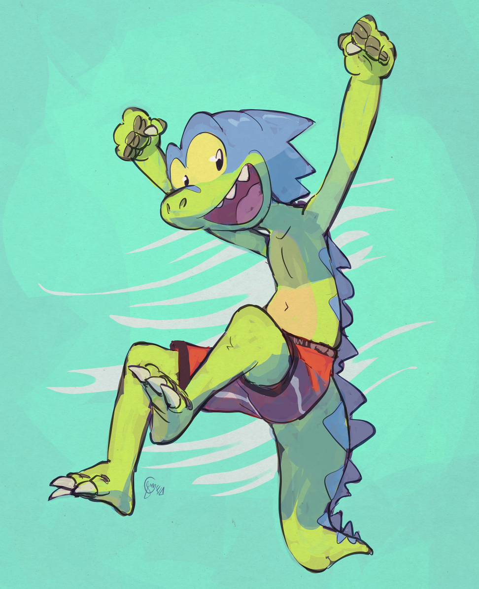 2019 anthro blue_body blue_scales clothed clothing edtropolis green_body green_scales jumping open_mouth raised_arms red_clothing red_swimming_trunks red_swimwear reptile scales scalie smile swimming_trunks swimwear zarland_rex