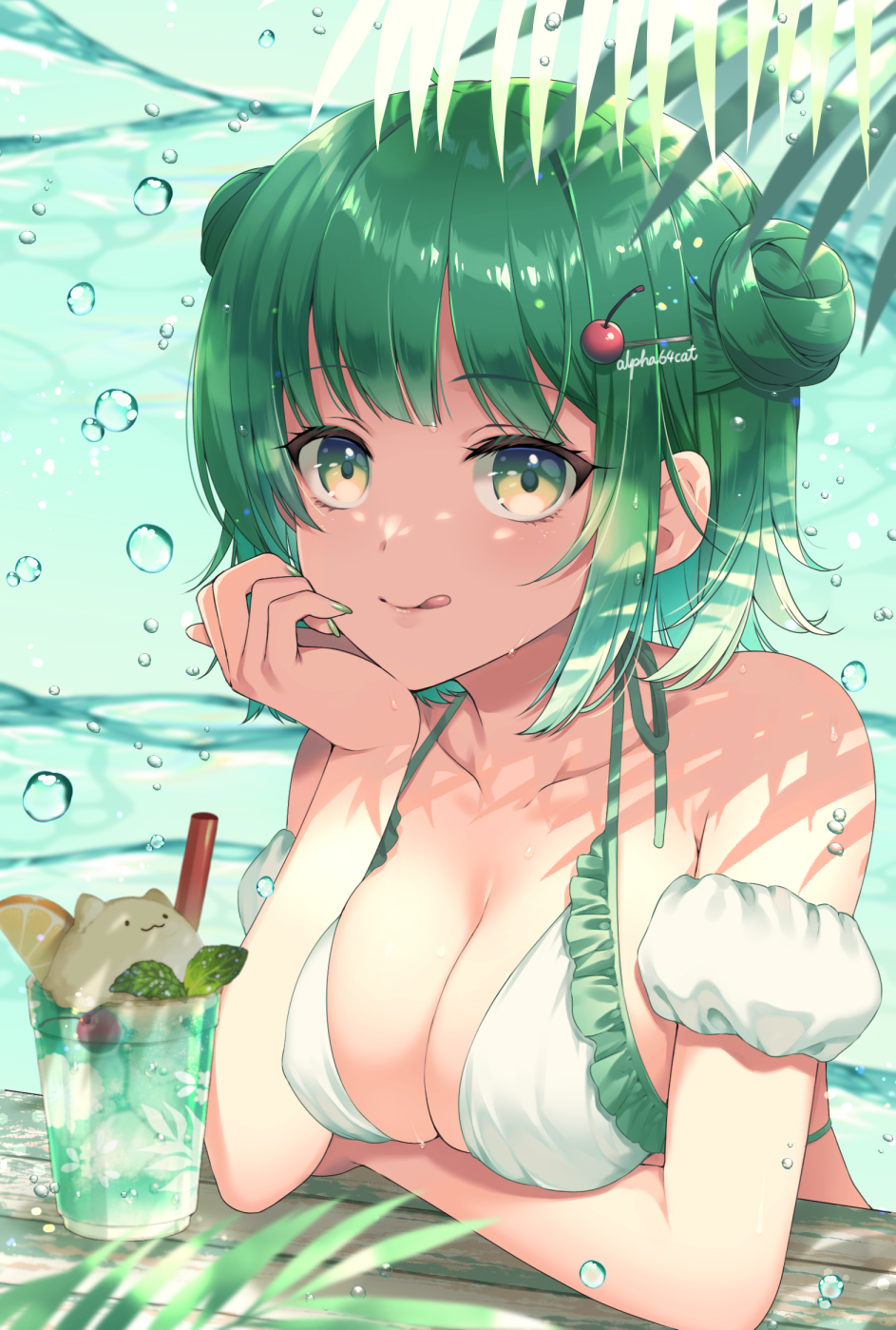 1girl :q alpha_(yukai_na_nakamatachi) bangs bare_shoulders bikini breasts cleavage collarbone cup double_bun drinking_glass drinking_straw food frilled_bikini frilled_swimsuit frills fruit gradient_eyes green_eyes green_hair green_nails hair_bun hair_ornament hairclip head_rest highres large_breasts looking_at_viewer multicolored_eyes nail_polish original paid_reward_available short_hair sidelocks signature solo swimsuit tongue tongue_out two-tone_bikini two-tone_swimsuit underwater upper_body water_drop wet white_bikini white_swimsuit yellow_eyes